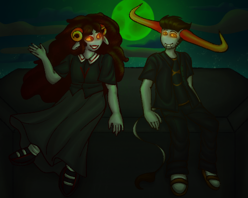 A digital drawing of Aradia and Tavros talking under the green moon’s light.